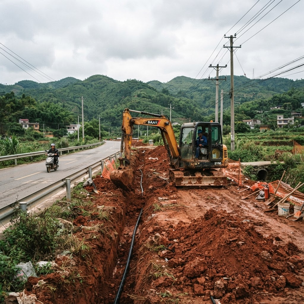现场影像:道路旁挖掘机正在进行土方施工,附近存在地下通信光缆